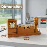 Indian Heritage Ashoka Lion Symbol Wooden Pen Stand with Clock