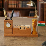 Indian Heritage Ashoka Lion Symbol Wooden Pen Stand with Clock