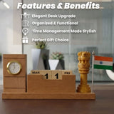 Indian Heritage Ashoka Lion Symbol Wooden Pen Stand with Clock