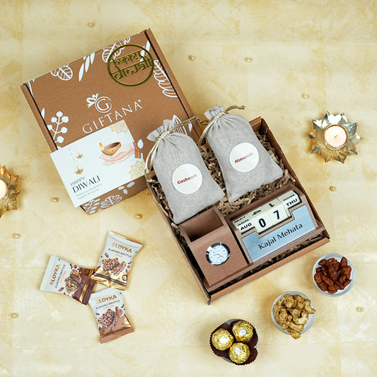 Premium Diwali Gift Hamper with Flavored Cashews, Almonds & Desk Clock Organizer