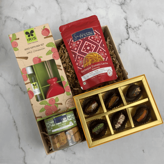 Luxury Gift Hamper with Reed Diffuser, Namkeen, Chocolate Dates & Cookies