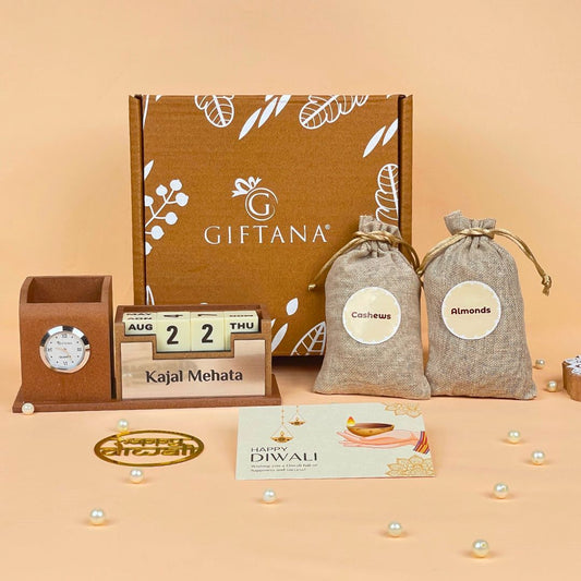 Premium Diwali Gift Hamper with Flavored Cashews, Almonds & Desk Clock Organizer