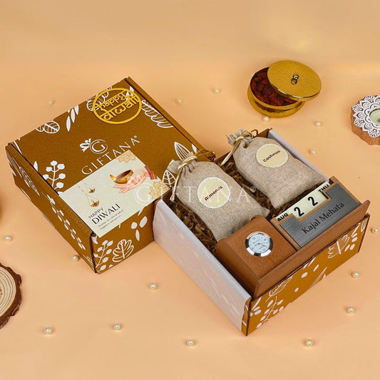 Premium Diwali Gift Hamper with Flavored Cashews, Almonds & Desk Clock Organizer