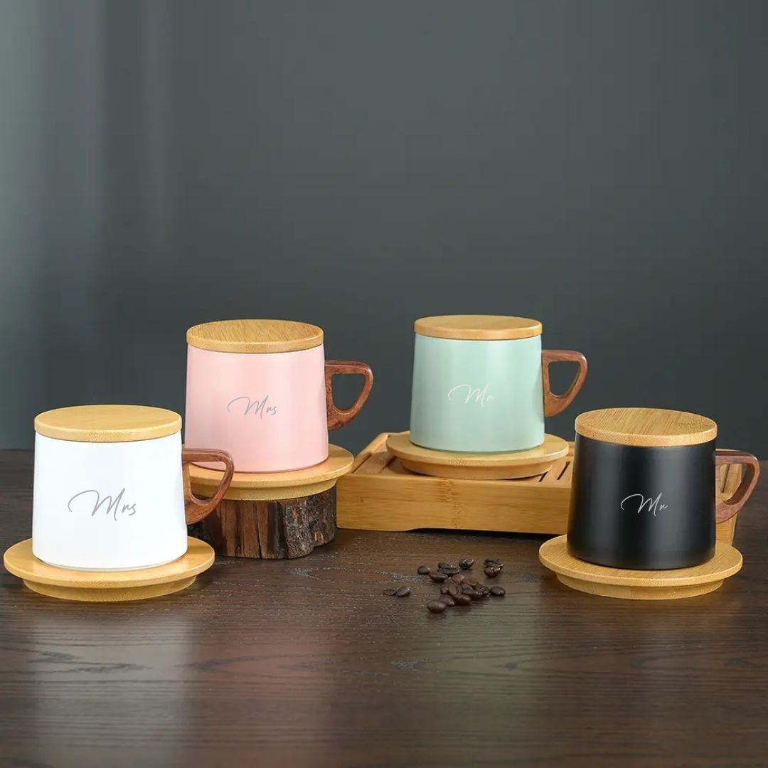 Mr & Mrs Coffee Mugs with Wooden Lid & Saucer - Perfect Combo Gift for Couples - Giftana 