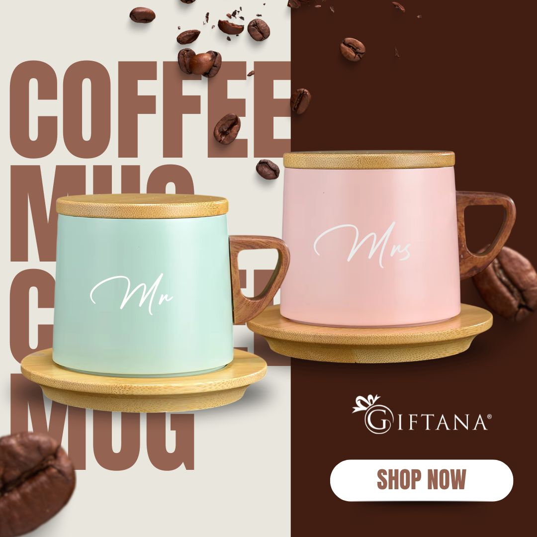 Mr & Mrs Coffee Mugs with Wooden Lid & Saucer - Perfect Combo Gift for Couples - Giftana 