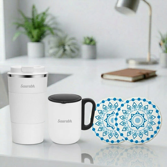 Personalised Tumbler Mug Gift Set with 2 Round Coasters