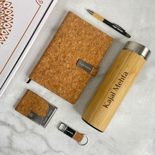Personalized 5 in 1 Cork Diary, Pen, Keychain, Card Holder, Bamboo Bottle