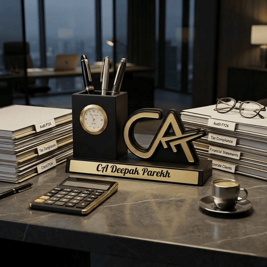 Personalized Chartered Accountant Desk Organizer Gift with Clock