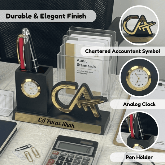 Personalized Chartered Accountant Desk Organizer Gift with Clock