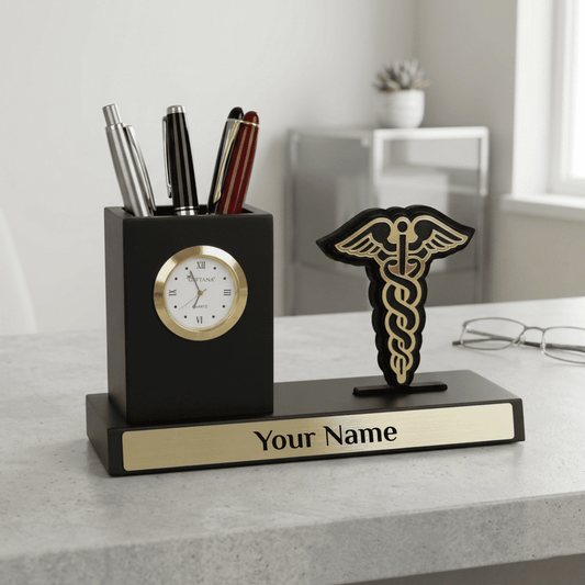 Premium Personalized Doctor Desk Organizer Gift with Clock