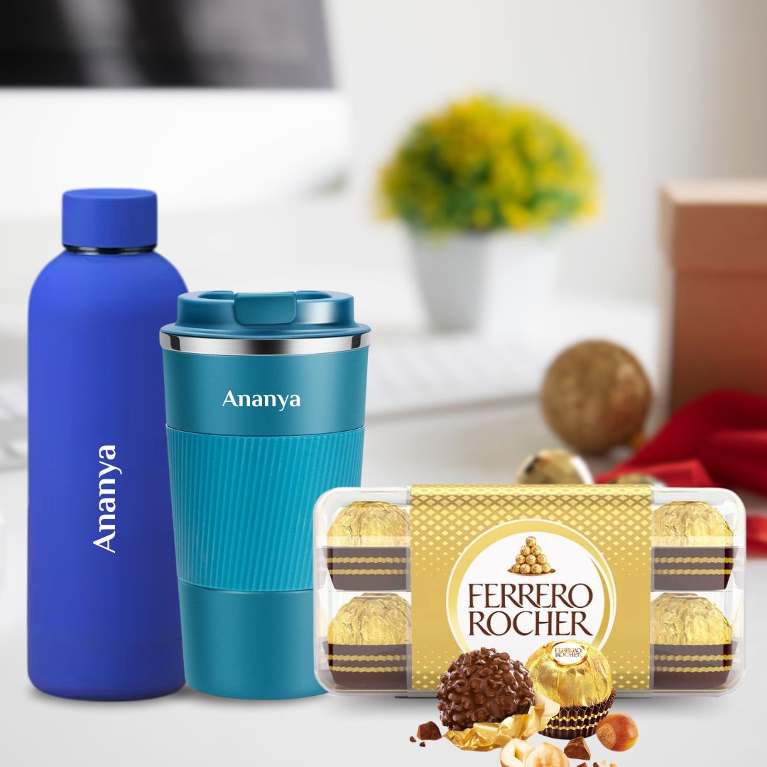 Personalized Flask & Tumbler Gift Set , ferrero - blue