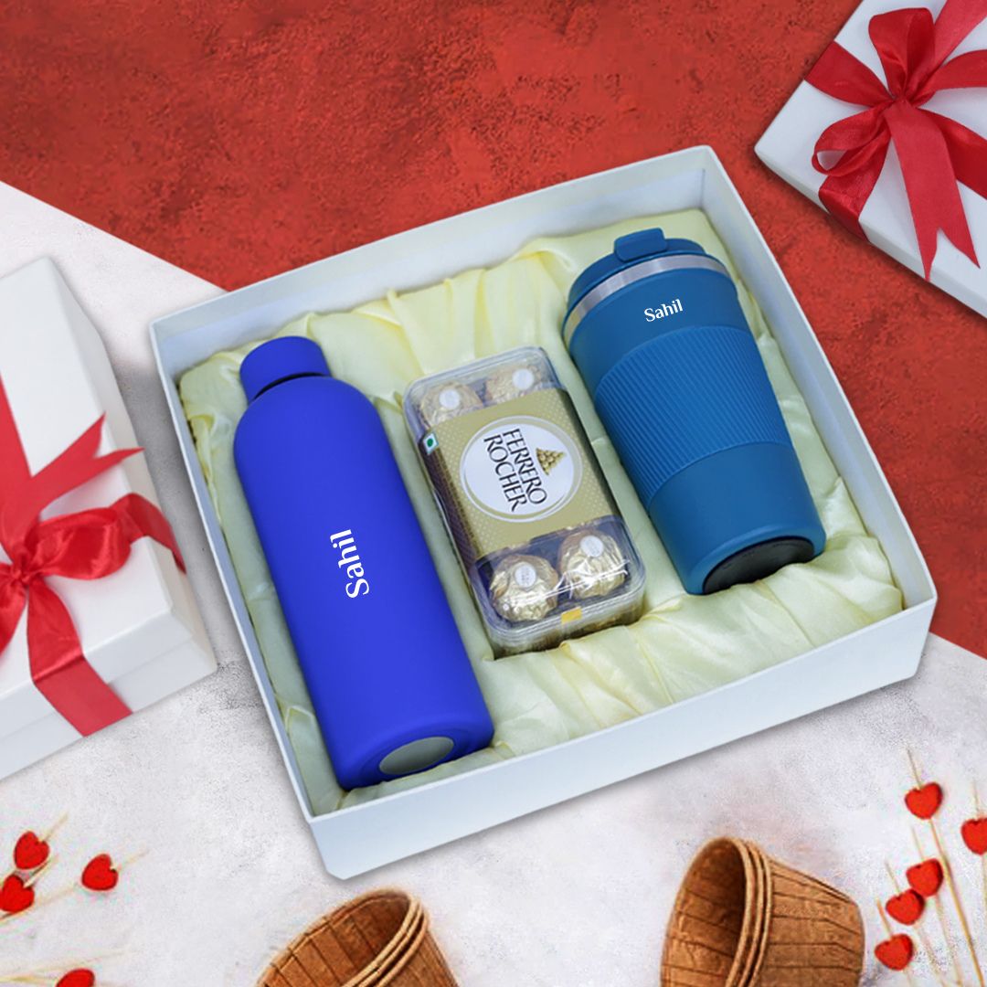 Personalized Flask & Tumbler Gift Set , ferrero - blue