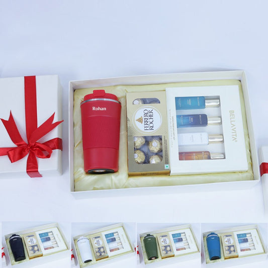Personalized Premium Gift Set : Tumbler, Ferrero rocher, Bella vita Perfumes - Giftana 