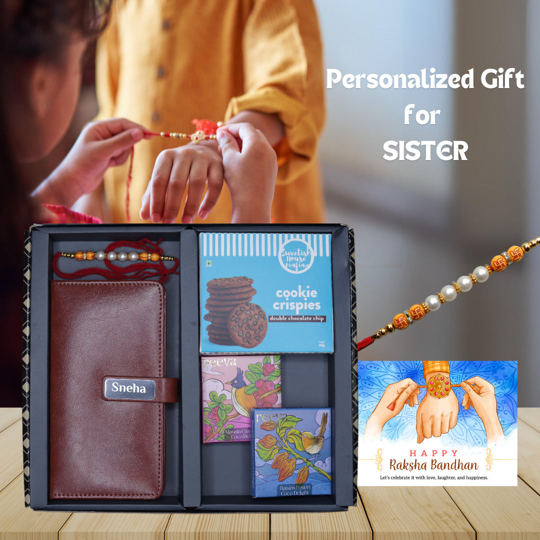 Personalized Raksha Bandhan Gift Set for Sister - Custom Mini Diary & Sweets - Brown - Giftana 