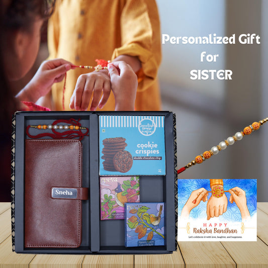Personalized Raksha Bandhan Gift Set for Sister - Custom Mini Diary & Sweets - Brown - Giftana 