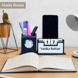 Personalized Pen Stand with Card Holder, Table Watch, Mobile Phone Stand, and 100-Year Calendar - Ideal Desk Organizer - Silver