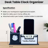 Personalized Pen Stand with Card Holder, Table Watch, Mobile Phone Stand, and 100-Year Calendar - Ideal Desk Organizer - Silver