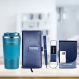 Personalized Gift Set - Mini Diary, Tumbler, Metal Pen, Keychain, and Leather Cardholder (Blue)