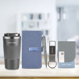 Personalized Gift Set - Mini Diary, Tumbler, Metal Pen, Keychain, and Leather Cardholder (Grey)