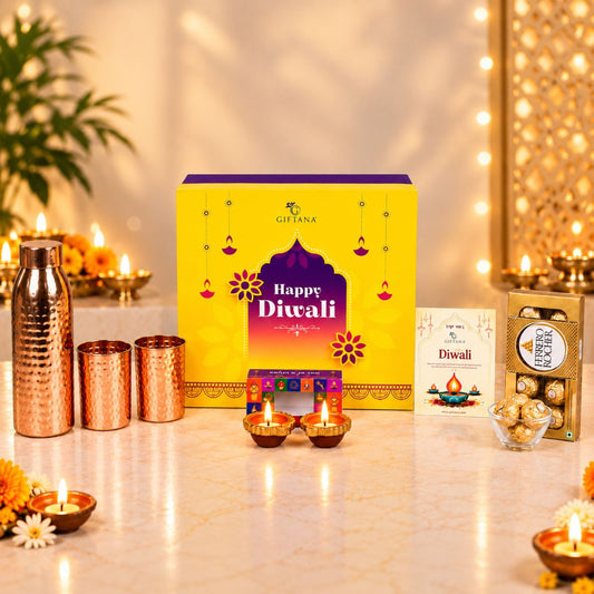 Premium Copper Diwali Gift Set with Bottle, Glasses & Ferrero Rocher
