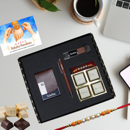 Rakhi Gift Set - Customized Elegant Cardholder, Metal pen, Keychain, Rakhi with Greeting Card and Assorted Chocolates - Brown - Giftana 