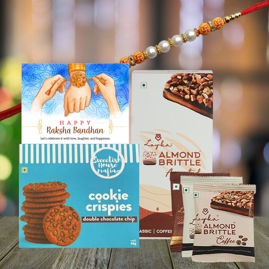 Rakhi Mini Gift Hamper - Loyka Assorted, Double Chocolate Chips Cookies and Rakhi with Greeting Card - Giftana 