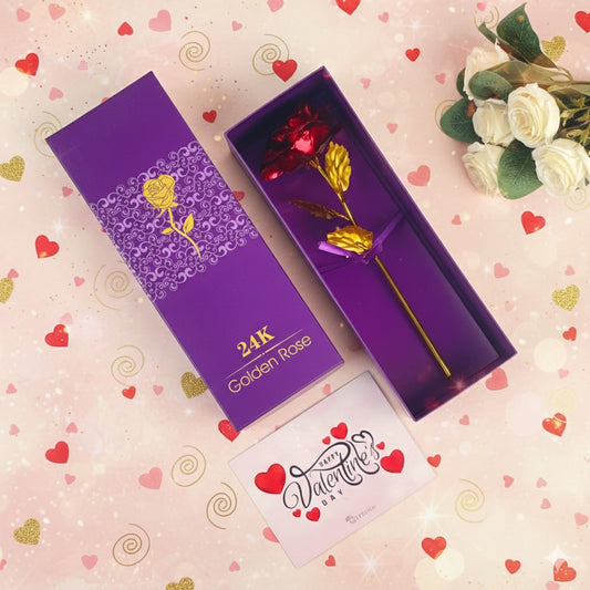 Red Golden Rose with Box and valentine card