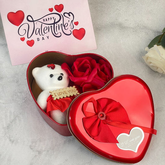 Romantic Valentine's Day Heart Box with Teddy Bear & Roses