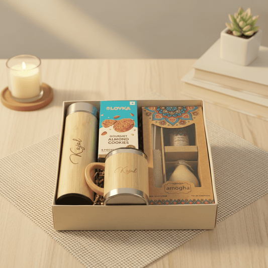 Sustainable Personalized Bamboo Gift Hamper with Drinkware, Cookies & Fragrance