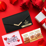 Valentine Combo Gift : Personalized Ladies Wallet, Loyka Chocolates & Unique Valentine Card - Black