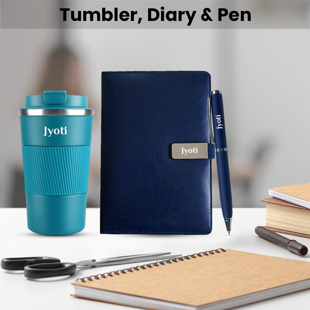 Giftana 3 In 1 Diary Pen Tumbler 510Ml Personalized Gift With Name - Blue - Gift