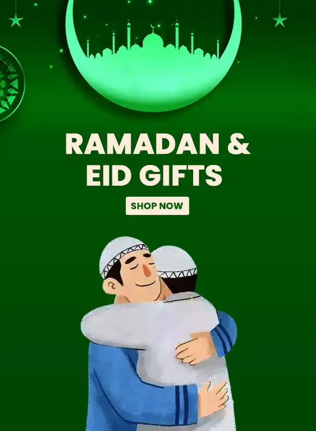 Advertisement for Ramadan and Eid gifts featuring a stylized illustration of two people embracing.