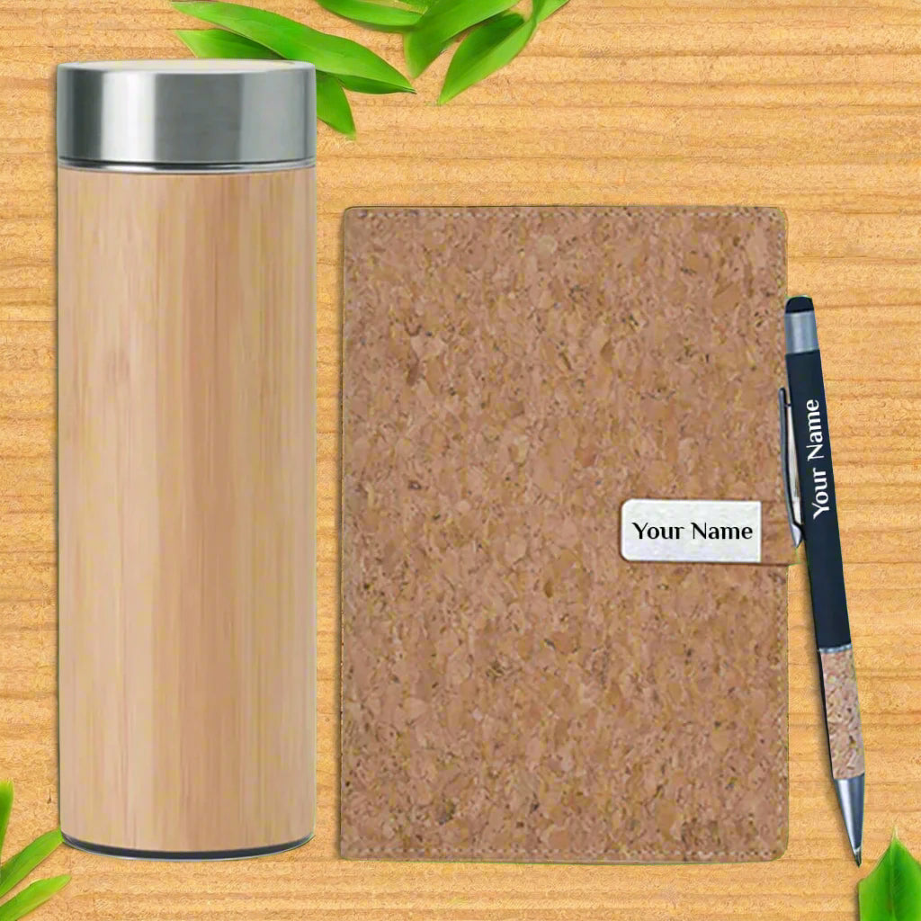 Cork Diary, Pen & Bamboo Bottle Set