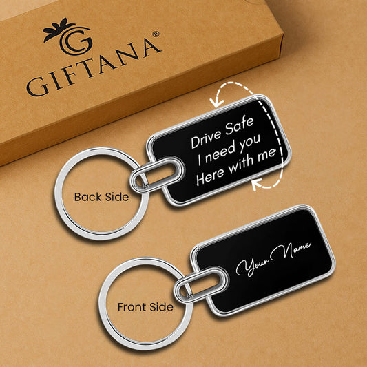 Personalized Black Finish Metal Key chain with name for Car, Bike and Travel