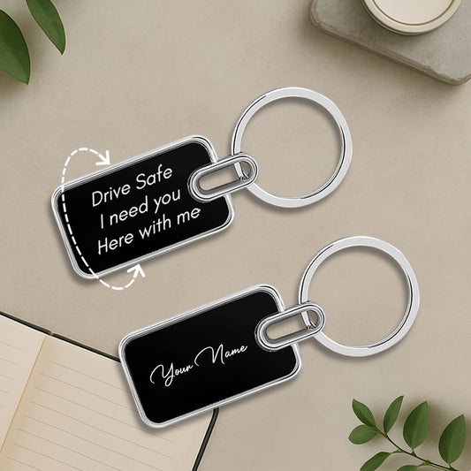 Personalized Black Finish Metal Key chain with name for Car, Bike and Travel