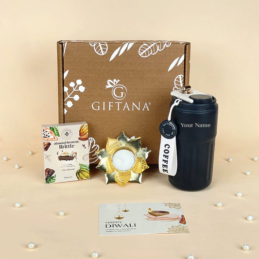 Giftana Festive Gifts Box - LED Tumbler, Lotus Diya & Almond Brownie Brittle