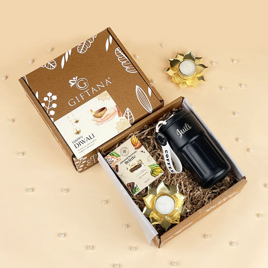 Giftana Festive Gifts Box - LED Tumbler, Lotus Diya & Almond Brownie Brittle
