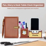 Personalized Desk Organizer With Diary Pen Set With Name - Tan Golden