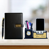 Personalized Desk Organizer With Diary Pen Set With Name - Black Golden