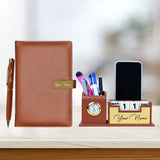 Personalized Desk Organizer With Diary Pen Set With Name - Tan Golden