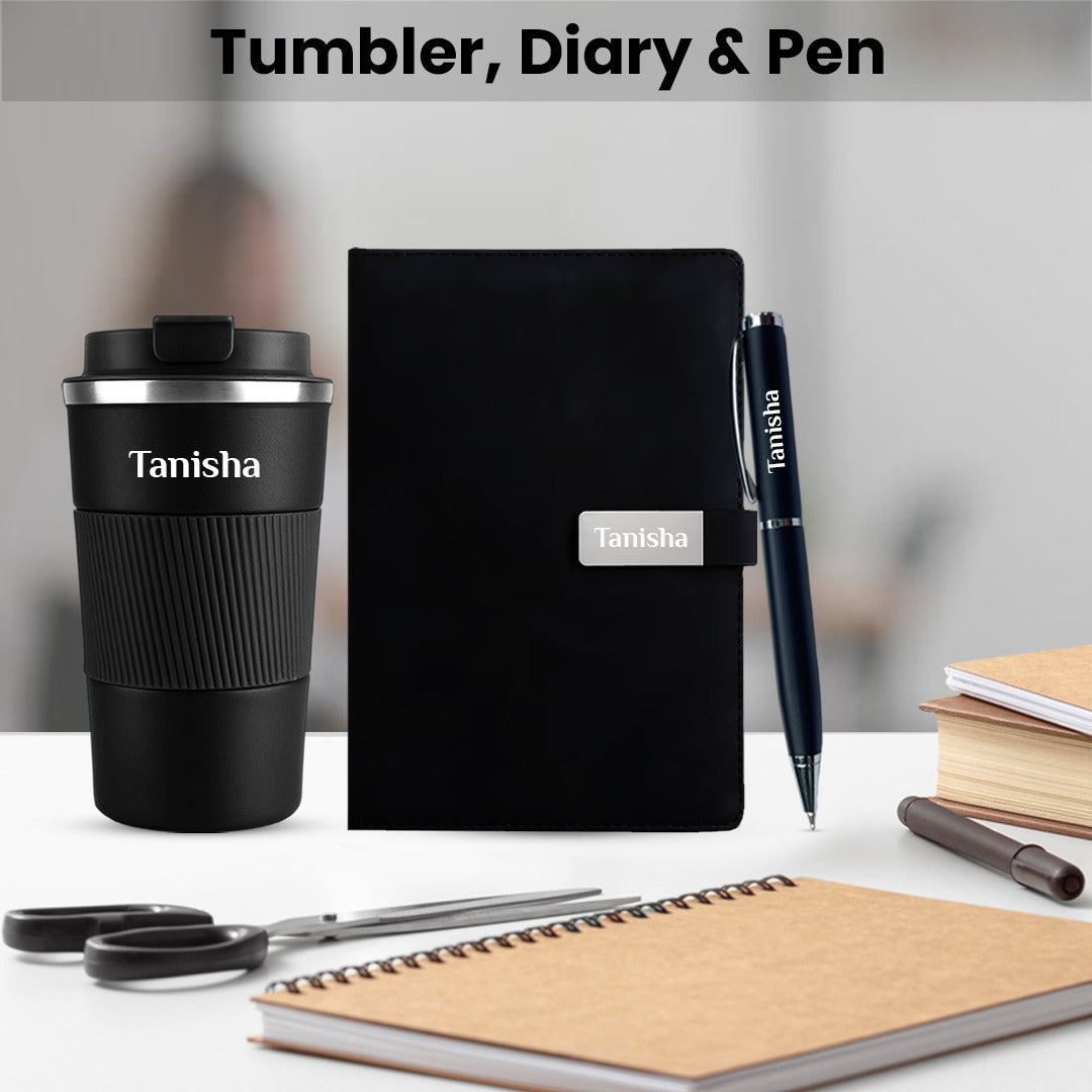 Giftana Personalized Diary With Pen Coffee Tumbler With Name - Black - Gift