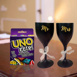 Mr & Mrs Wine Glass + Uno Flip Cards – Unique Gift Set