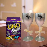 Mr & Mrs Wine Glass + Uno Flip Cards – Unique Gift Set