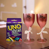 Mr & Mrs Wine Glass + Uno Flip Cards – Unique Gift Set