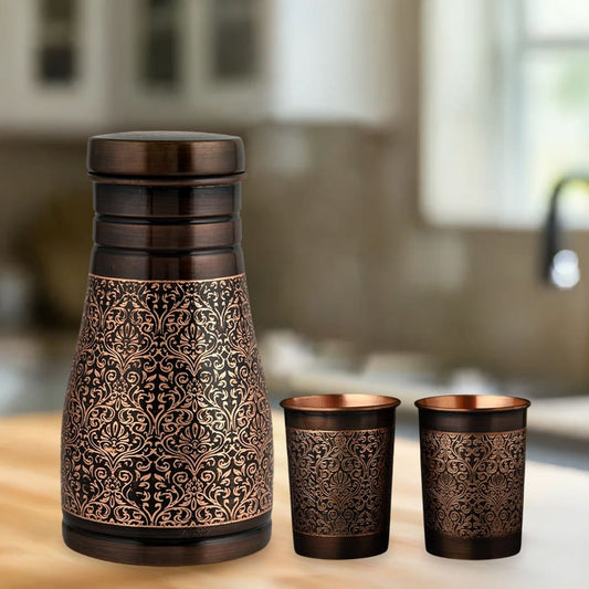 Ayurvedic Vintage Copper Pot with Two Copper Glasses Drinkware Set