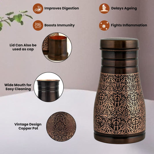 Ayurvedic Vintage Copper Pot with Two Copper Glasses Drinkware Set