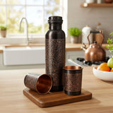 Vintage Copper Bottle with 2 Engraved Copper Glasses Set