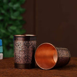 Vintage Copper Bottle with 2 Engraved Copper Glasses Set