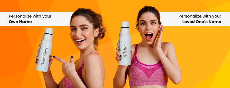 White cylindrical bottles with personalized labeling held by two excited women against an orange background.