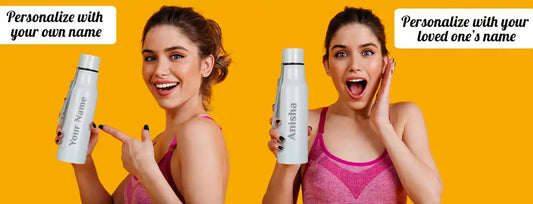 White personalized water bottles held by two excited women against a yellow background.